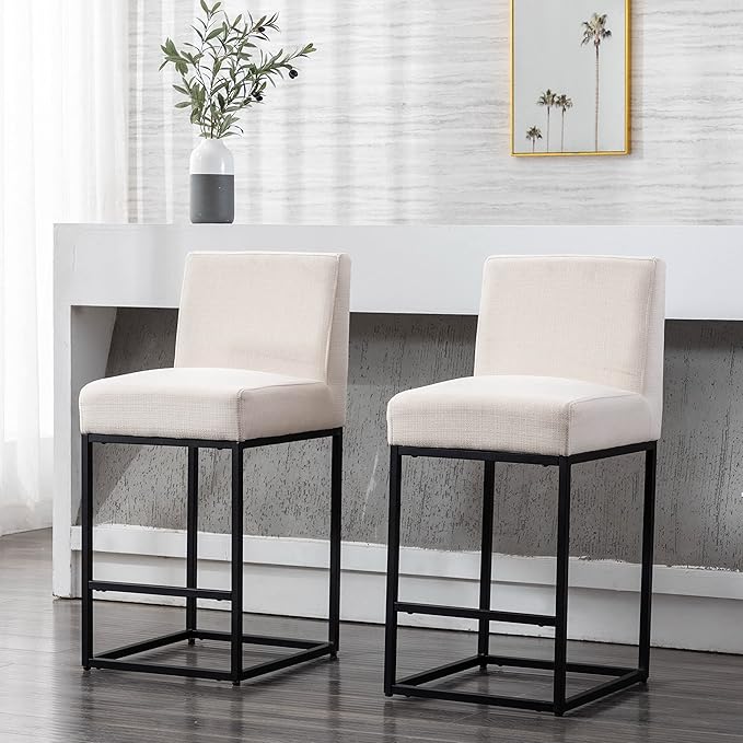 27" Height Cream Fabric Bar Stool, Counter Height Stool with Back and Footrest for Kitchen Modern Metal Barstool, Linen Upholstered Farmhouse Bar Chair Island Stool
