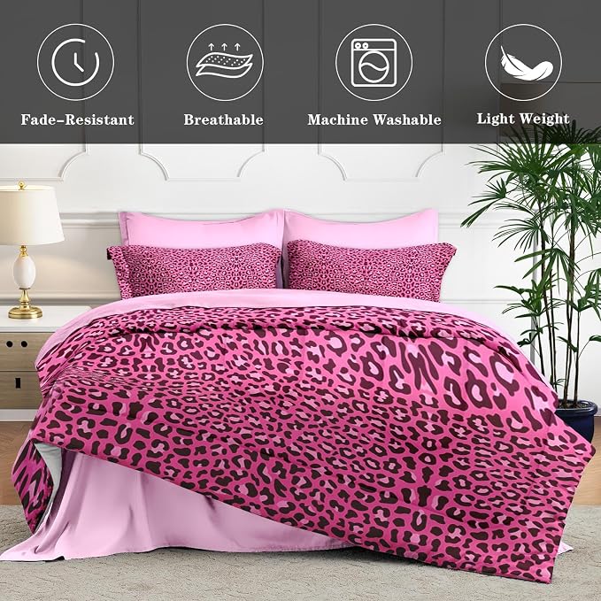 5Pcs Comforter Set Twin Size, Pink Leopard Cheetah Print, Bedding Decor Wildlife Animal Skin Bedroom Bed Set Flat Sheet Fitted Sheet Pillowcases Shams for Kids Adults