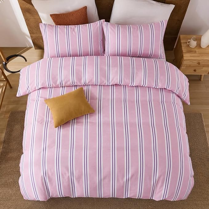 Merryword Striped Duvet Cover Set Queen Size - 100% Cotton Duvet Cover Set, Purple Ribbon Stripes Pattern Comforter Cover 3 Pieces, Soft Linen Like Bedding Set for All Seasons