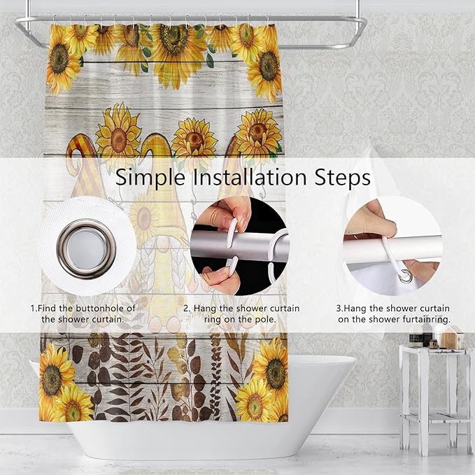Farmhouse Sunflowers Shower Curtains for Bathroom 72x78 Inch Funny Gnomes Wild Plants Country Wood Plank Bath Curtain Polyester Durable Fabric Decor Set with Plastic Hooks