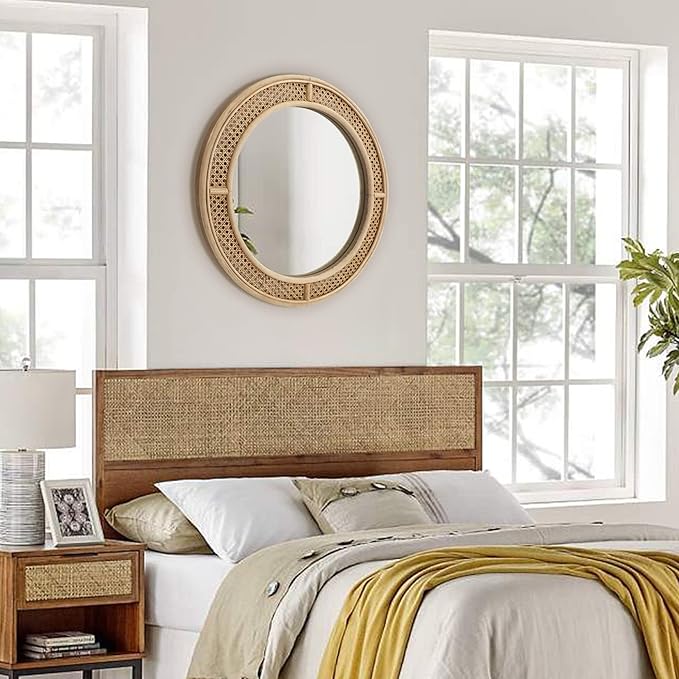FLORA Round Rattan Wall Mirror with Wooden Framed, Modern Boho Decorative Mirror for Bathroom, Entry, Living Room, Bedroom, 24 Inch