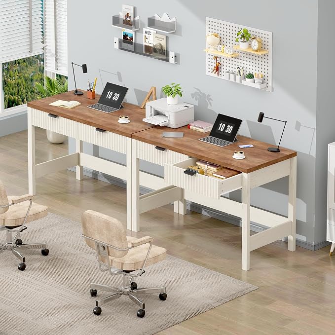 YOMILUVE Fluted Computer Desk with 2 Drawers, 39 Inch Small Computer Desk with Storage, Compact Writing Study Vanity Desk for Small Spaces, Antique White