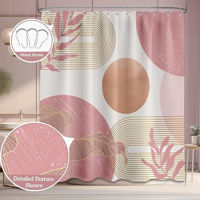 Blush Pink Shower Curtain Light Pink and White Shower Curtains for Bathroom Decor Abstract MCM Bath Curtain Set, Waterproof Fabric with Hooks 70 x 72 Inch