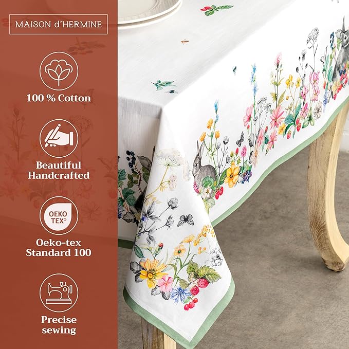Maison d' Hermine Table Cloth Rectangle Table 100% Cotton 54 x 72 Inches Tablecloth Reusable Decorative for Dining Room Farmhouse Home Valentines Day Decorations Spring Summer - Printemps