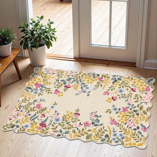 Front Door Mat Outside Entrance - 2x3 Beige Colorful Floral Non-Slip Washable Doormat Indoor Outdoor Mat Boho Vintage Entry Rug Small Throw Rugs for Entryway Kitchen Front Porch Decor