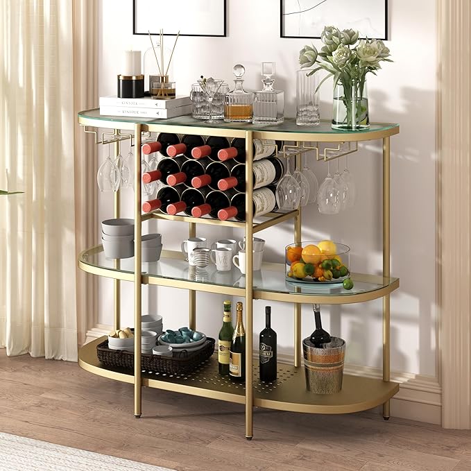 O&K FURNITURE Home Bar Table with Wine Racks, 3 Tier Wine Bar Table with Glass Holders, Wine Cabinet with Open Shelf, Liquor Bar Coffee Bar Table for Living Room Kitchen, Gold