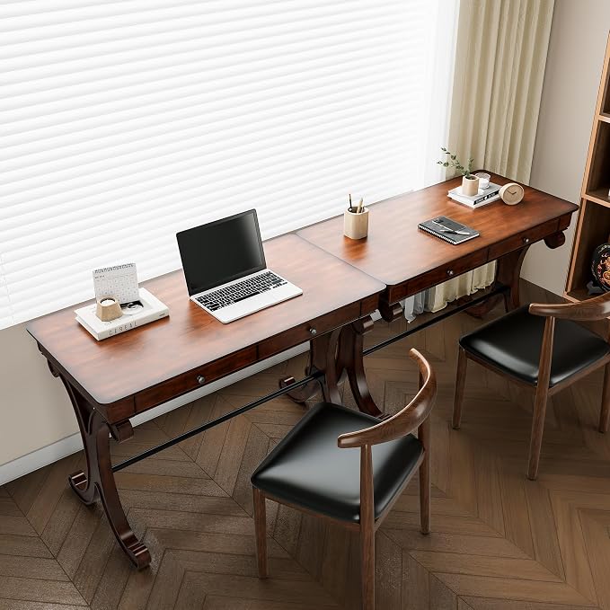 Biaco Set of 2 Mid-Century Home Office Computer Desk with 2 Storage Drawers,Large Computer Office Desk Workstation with X Carved Legs Executive Desk for Home Office Dark Cherry Red(Table ONLY!)