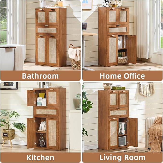 LEYAOYAO 48" Tall Storage Cabinet,Rattan Bathroom Floor Cabinets with 4 Doors & 1Drawer,Boho Kitchen Pantry with Adjustable Shelves,Wooden Cupboard for Living Room,Home Office,Dining,Brown