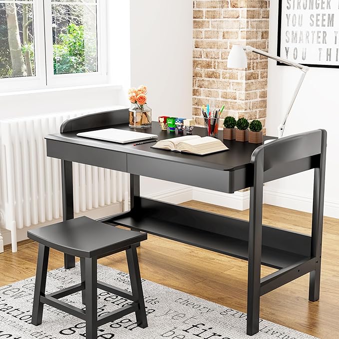 100% Solid Wood Desk with Drawers - 40 Inch Simple Modern Desks, Writing Desk with Drawers & Shelf, Work Study Table, Adjustable Height Home Office Computer Desks - Black
