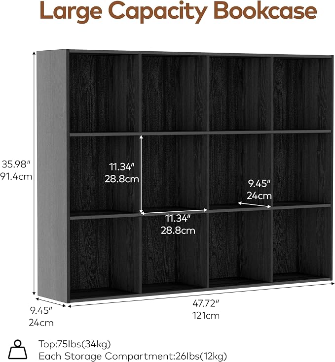 VDNEND Wooden Storage Organizer with Closed Back Panel, 11in Cube Shelf Opening, Bookshelf, Display Shelf,Closet Cabinet for Home and Office (Black, 12-Cube 35.98L*9.45W*47.72H)