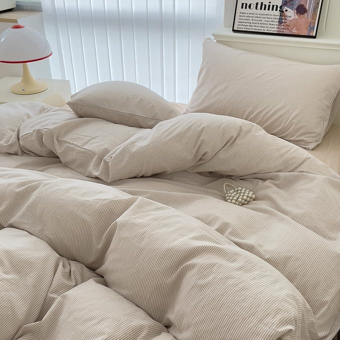 mixinni Tan Striped Duvet Cover King Size - 100% Washed Cotton Beige Pinstripe Comforter Cover with Zipper Closure, Lightweight & Breathable, 3 Pieces Minimalist Stripes Pattern Printed Bedding Set