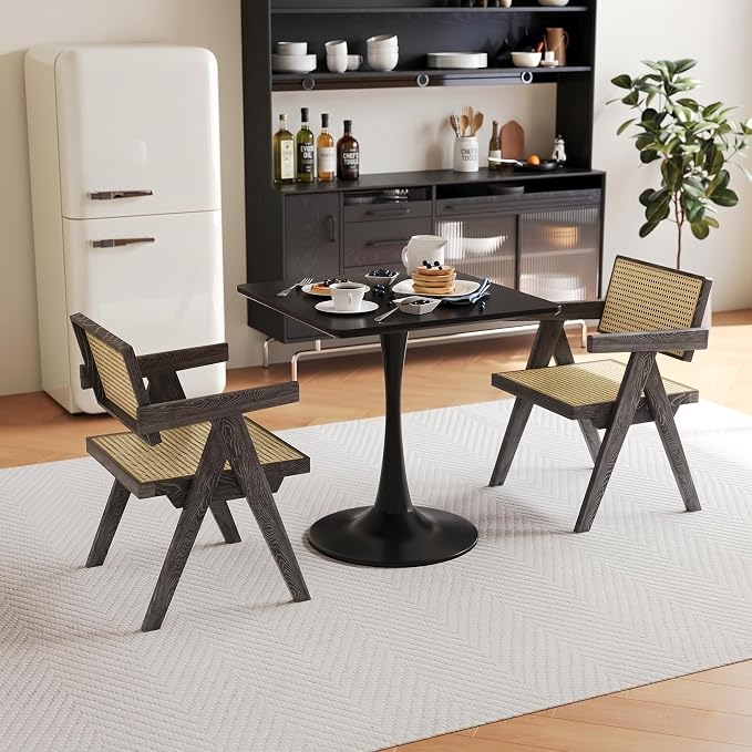 24" Black Small Dining Table for 2 or 4, Small Square Tulip Table for Kitchen, Round Corner Wood Bistro Table, Mid Century Modern Tables with Sturdy Pedestal for Living Room, Cafe, Office, Pub, Bar