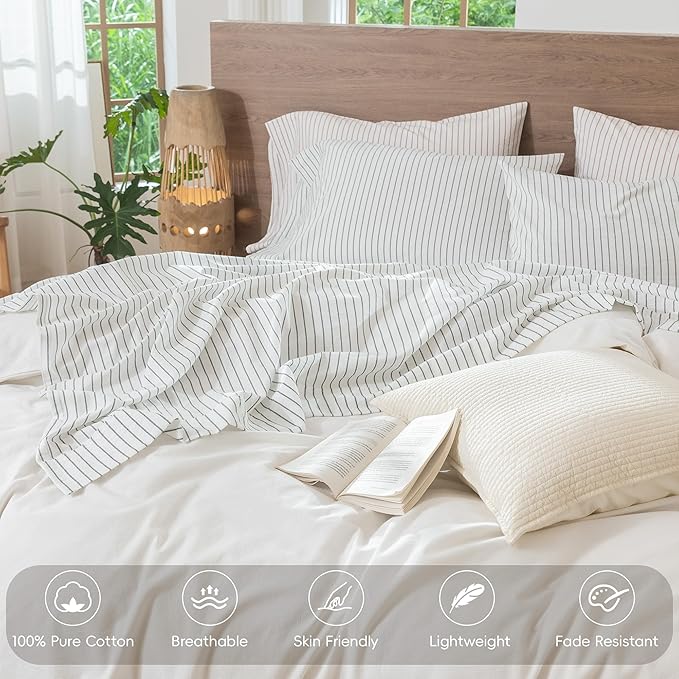 MooMee Striped Sheet Set 100% Washed Cotton Linen Like Textured Breathable Durable Soft Comfy (White Heathered Green Wide Stripes, King)