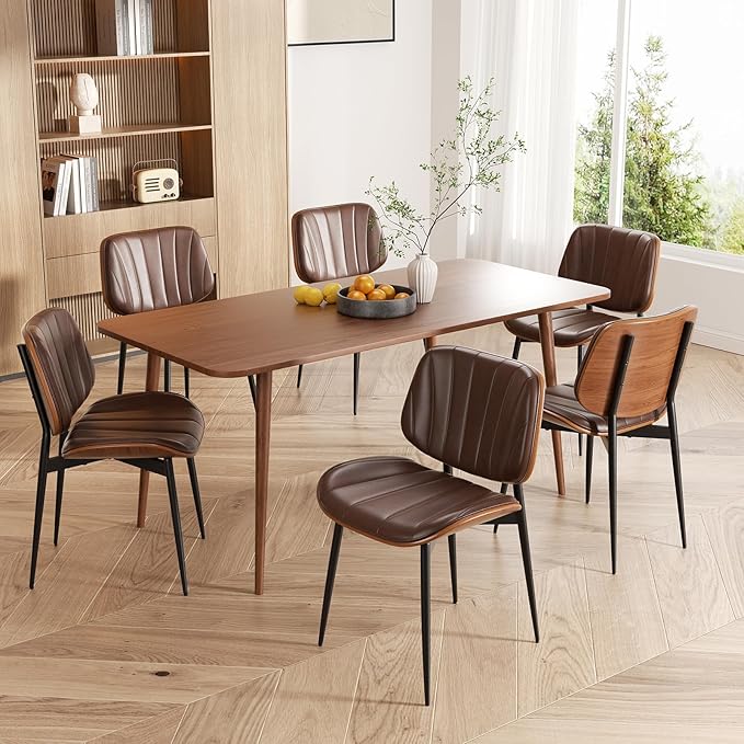 Dining Chairs Set of 8, Mid Century Modern Dining Room Chairs, Upholstered Faux Leather Kitchen Chairs with Walnut Bentwood Back and Metal Legs