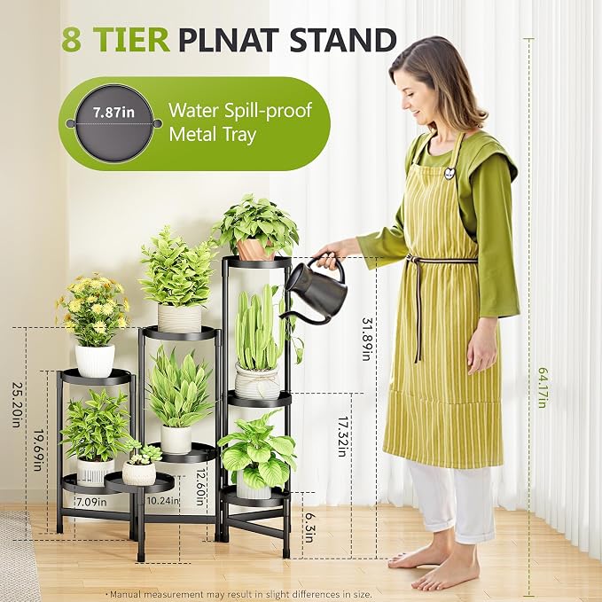 Cawukege 8 Tier Plant Stand Indoor, Tiered Plant Stand Outdoor for Multiple Plants, Corner Plant Shelf for Patio Balcony Porch Garden Living Room House, Black