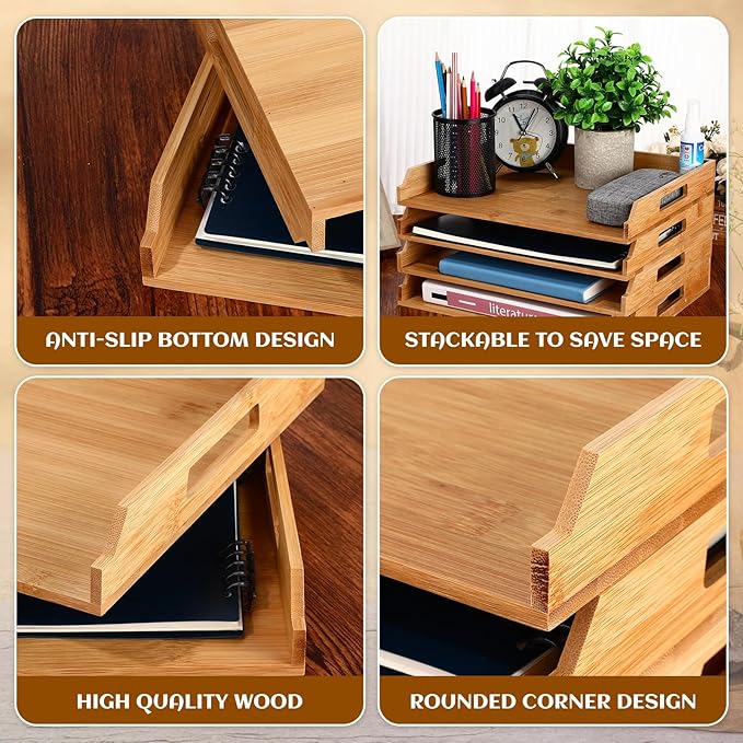AceOrbit 4 Pcs Stackable Paper Tray Bamboo Wood Desk Organizer Letter Tray 4 Tier Wooden File Organizer Desk Shelf for Documents, Letter Sorter, Envelopes and Magazine Holder