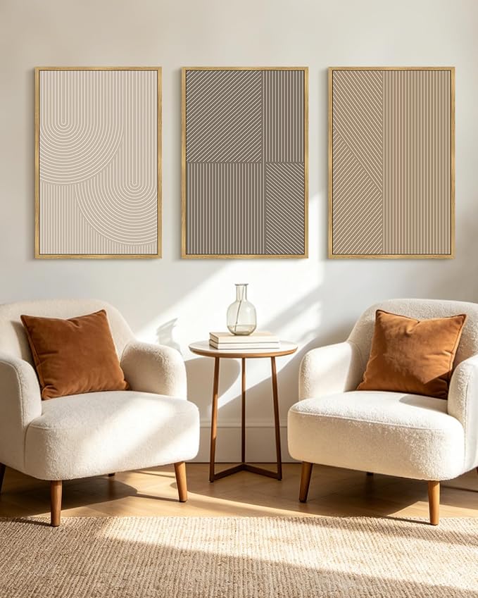 KUVIOKE Minimalist Abstract Bohemian Framed Wall Art Modern Boho Neutral Line Wall Decor Geometric Artwork Bedroom Dining Room 24x36in (Natural Framed)