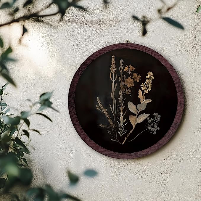TFKFJLF Moody Vintage Botanical Framed Wall Art Decor, Antique Mid Century Modern Floral Round Wooden Prints Wall Art, Cottagecore Flower Hanging Decor for Bedroom Living Room Bathroom, 10x10 inch