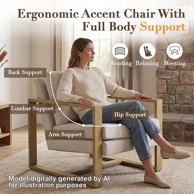 CIMOTA Modern Mid Century Accent Chairs Set of 2 Comfy Armchairs with Armrests Upholstered Reading Lounge Chairs with Metal Frame for Living Room Bedroom Office, Natural Wood Finish Beige