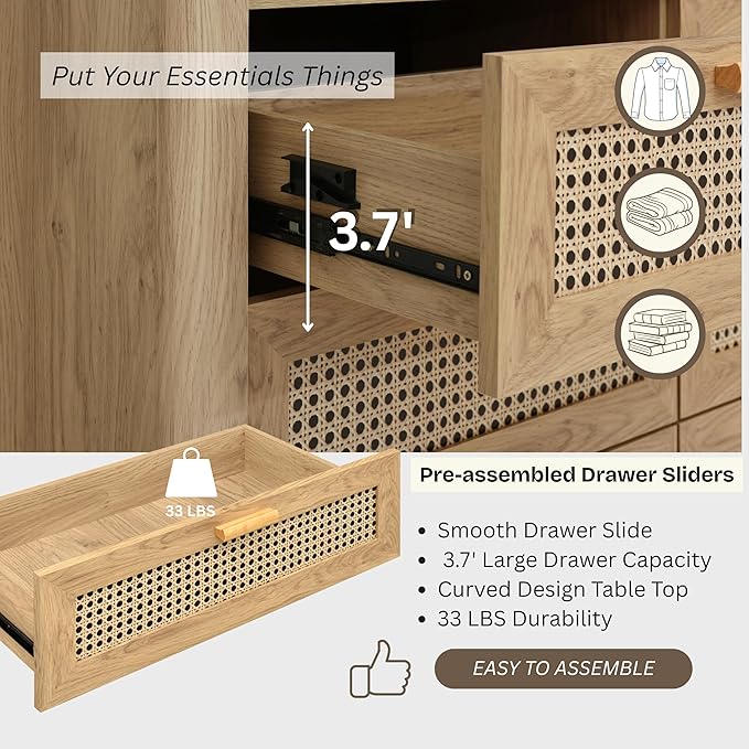 ELISA HOME Rattan-Inspired 6 Drawer Dresser for Bedroom, 47.2″ W Modern Wide Chest of Drawers, Wood Storage Organizer for Clothes, Entryway, Hallway, Nursery or Living Room, Oak