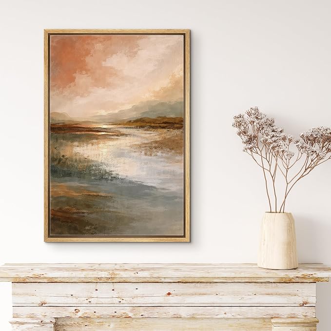 MUDECOR Framed Canvas Print Wall Art Warm Earth Tone Reflective Landscape Illustrations Minimalism Decorative Bohemian Zen for Living Room, Bedroom, Office - 16"x24" NATURAL