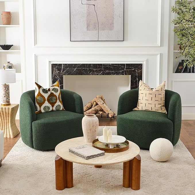 KINWELL 34" Wide Boucle Swivel Barrel Chairs Set of 2, No Assembly Round Upholstered Armchairs Accent Chairs Single Sofa Chair with Toss Pillow for Living Room and Bedroom, Green