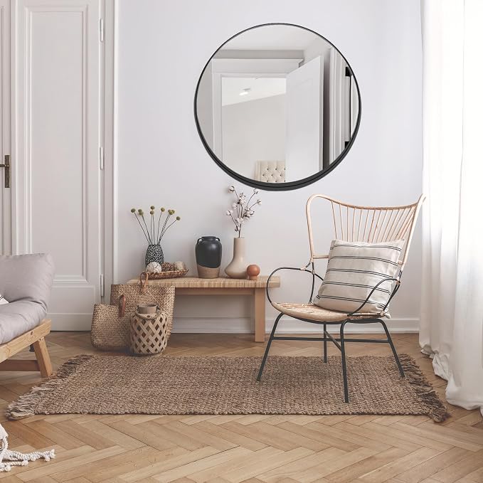 Design House 36-Inch Violette Wall Mirror – Round Mirror with Black Iron Metal Frame – Midcentury Modern Design for Entryway, Vanity, Living Room, Bathroom, 589887