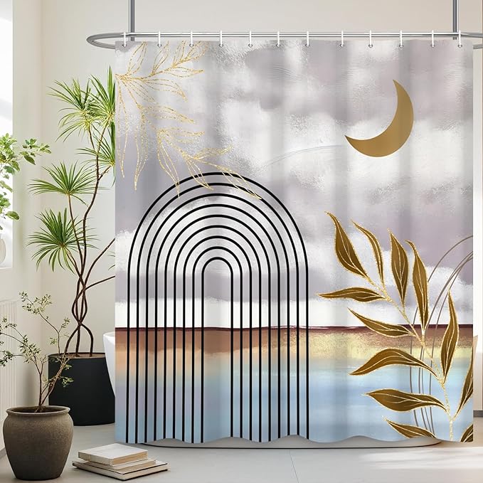 Boho Shower Curtain Abstract Modern Geometric Leaves Shower Curtain Mid Century Minimalist Moon Pattern Decor Bath Curtain Waterproof Fabric with Hooks 72x78