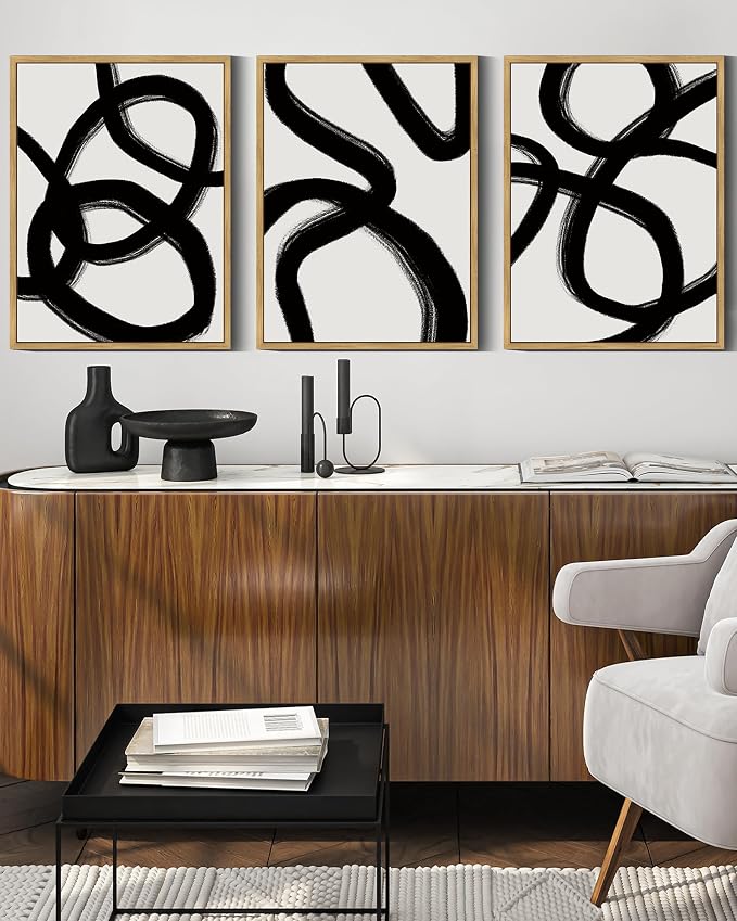 Drsoum Black and Gray Abstract Framed Wall Art Decor Duotone Minimal Dark Brush Stroke Prints Shapes Illustrations Modern Art Decorative Ready To Hang - 11x14in Natural Framed