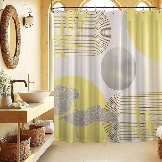 Mustard Yellow and Grey Shower Curtain Light Yellow and Gray White Shower Curtains for Bathroom Decor Abstract MCM Bath Curtain Set, Waterproof Fabric with Hooks 70 x 72 Inch