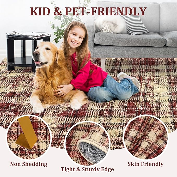 Washable Rugs 4x6 Rug for Living Room Modern Plaid Area Rug for Bedroom Tartan Farmhouse Red Non Slip Entryway Rug Soft Stain Resistant Carpet for Nursery Entrance Dining Room 4'x6' Red