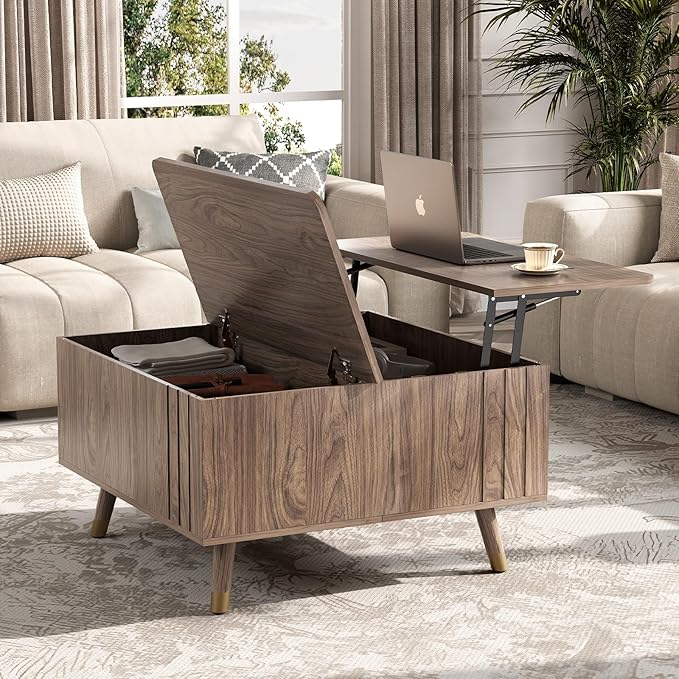 32" Square Lift Top Coffee Table with Storage,Mid Century Modern Walnut Center Table with Rising Desktop for Living Room, Brown Wood Finish