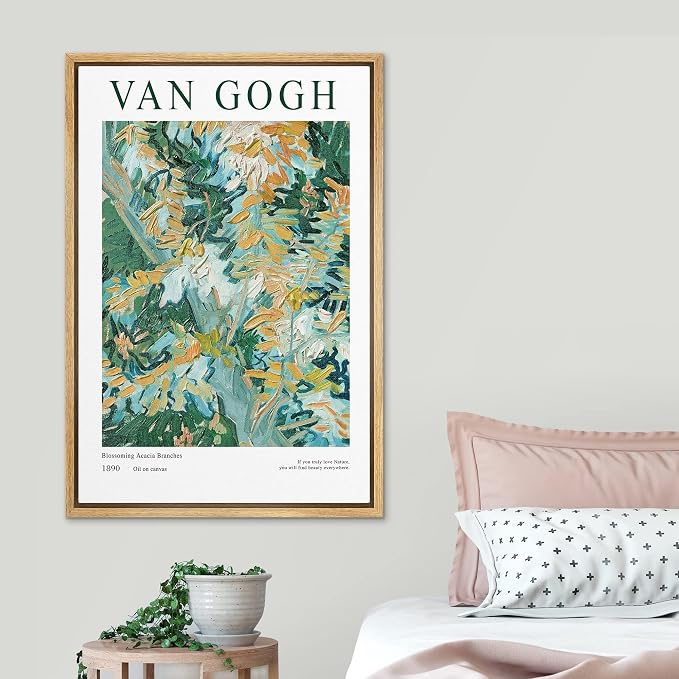 SIGNLEADER Framed Canvas Print Wall Art Blossoming Acacia Branches Floral Plants Illustrations Expressionism Chic Relax/Calm Multicolor for Living Room, Bedroom, Office - 16"x24" NATURAL