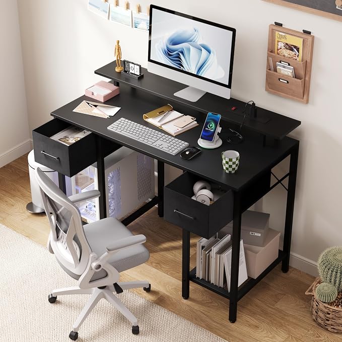 Furnify Black Computer Desk with Drawers, 42 Inch Home Office Desk Study Writing Table, Gaming Desk with USB Power Outlets, Office Desk with Fabric Drawer, Work Table with Shelf for Bedroom, Black