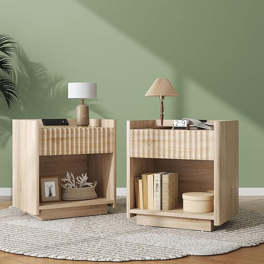 Bigbiglife Fluted Nightstand Set of 2 with Charging Station, 22" Modern Side Table with Drawer End Table with Open Storage, Bedside Table for Bedroom, Living Room, Natural Oak (2, Natural Oak)