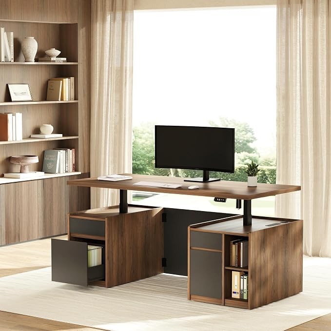 ModernMate Executive Standing Desk with Drawers & Storage, 70.8'' Adjustable Electric Stand Up Wood Desk with Privacy Panel, AC/USB, File Cabinet, Large One-Piece Desktop for Home Office, Black Walnut