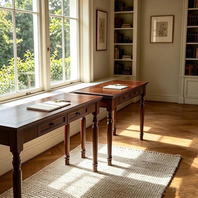 47" Narrow Solid Wood Writing Desk with Drawers, Walnut French Country Style Computer Desk for Home Office, Living Room or Study