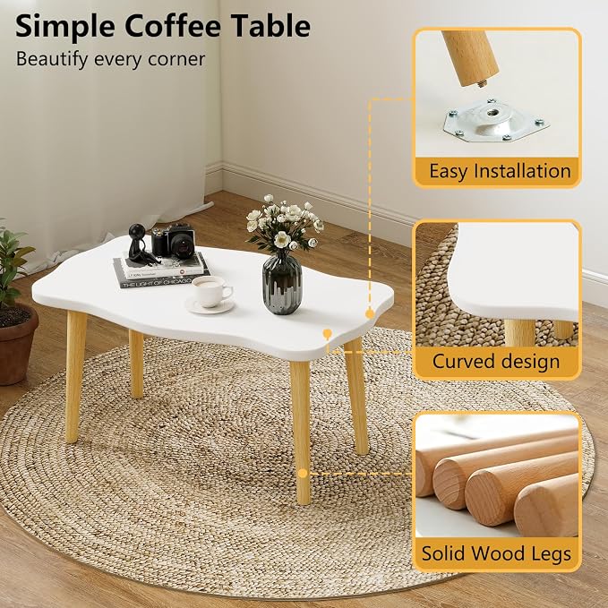 Cookie Coffee Table Low Table with 4 Solid Wood Sturdy Legs,Floor Table Desk for Sitting on The Floor,19.7"D x 31.5"W x 16"H Inches,Living Room/Toy room Furniture,Rental house Furniture(White)