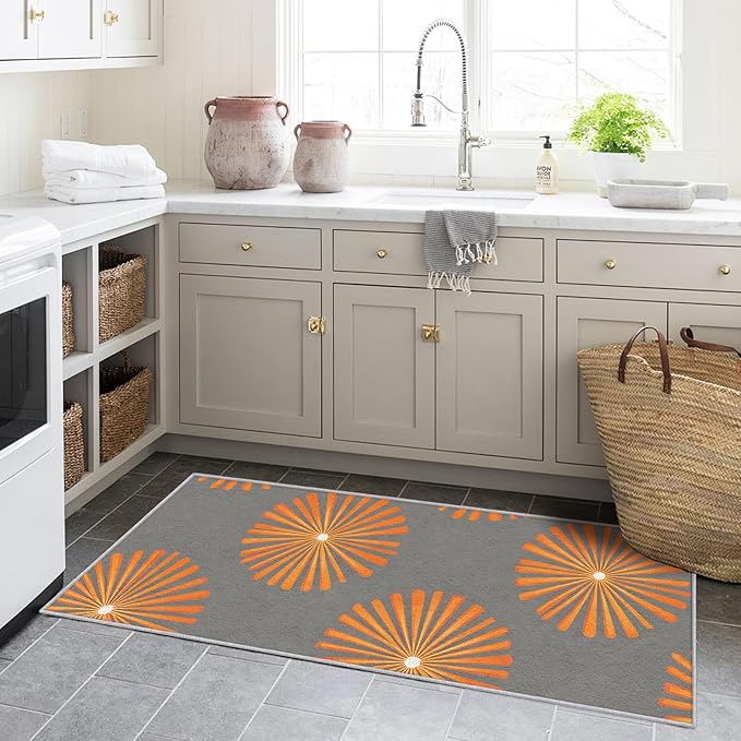 Mid Century Modern Runner Rug 2x5, Sunburst Starburst Design, Retro Geometric Area Rug Washable Hallway Rugs Non-Slip Floor Carpet Runner for Bedroom, Narrow Hallway, Kitchen Aisle