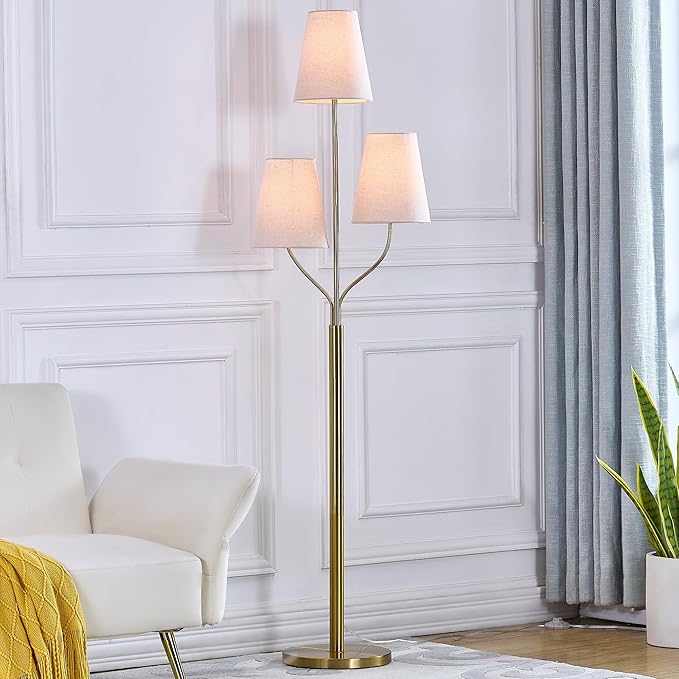 Maxax 3 Lights Brass Gold Floor Lamp for Living Room, Modern 65" Tall Standing Tree Lamp with 3 White Shade for Bedroom Office