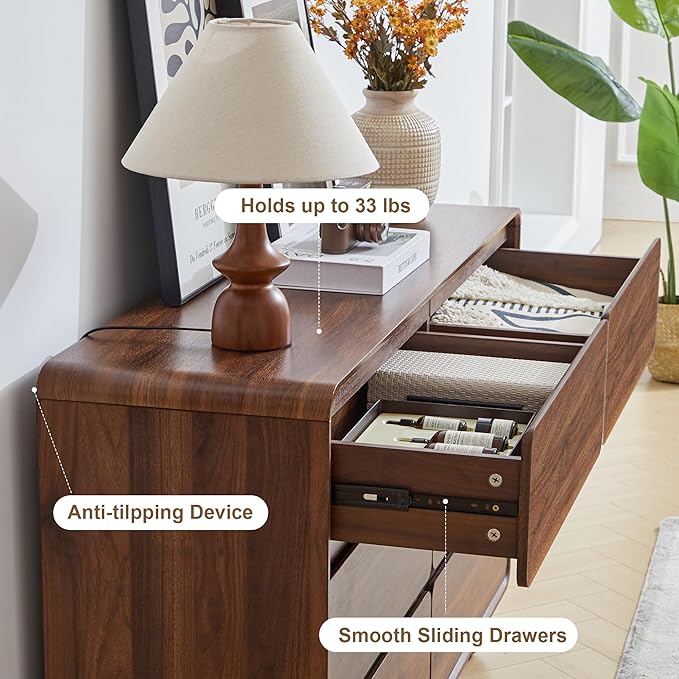 AVZEAR Modern 6 Drawer Dresser for Bedroom, 48" Wide Wooden Dresser Chest of Drawers, Handle Free & Curved Profile Design, Mid Century Closet Clothes Storage Organizer for Living Room, Walnut