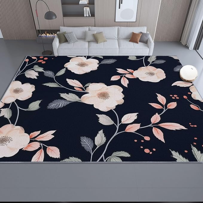 Area Rugs for Living Room, 4x6 Washable Rug Black Soft Low Pile Non-Slip Carpet Stain Resistant Carpets for Bedroom Dining Room Farmhouse Nursery, Retro Branches and Leaves Elegant Flowers