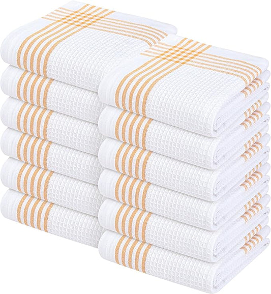 Waffle White & Mustard Yellow Set of 12 Kitchen Towels, 100% Cotton, 16x26 inches, Soft and Durable Dish Towel, Quick Dry Dishcloths, Ideal for Drying Dishes, Cleaning, Wiping