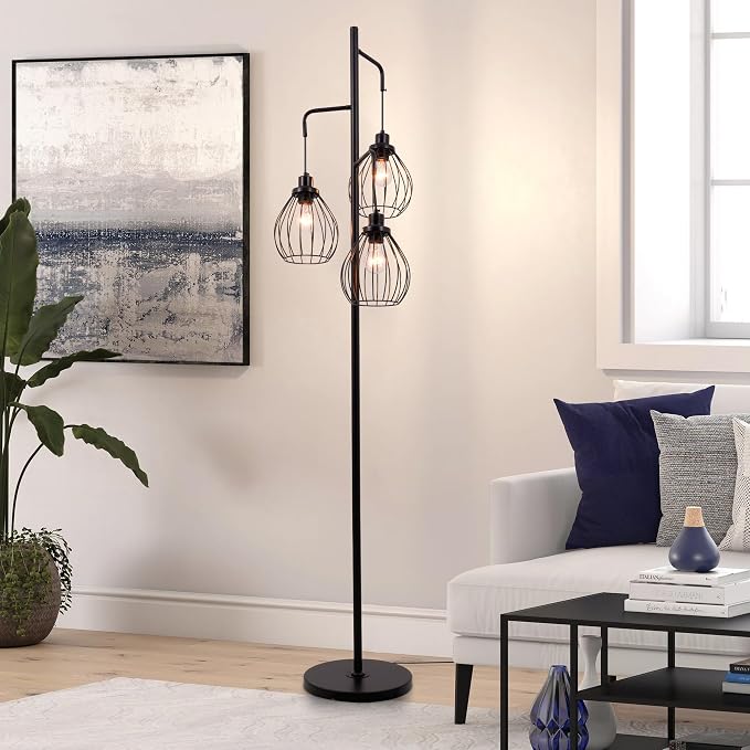 Industrial Floor Lamps for Living Room, 3 Lights Farmhouse Tree Floor Lamp, 70'' Tall Pole Standing Lamp with 3 Elegant Teardrop Cage Shades, Vintage Corner Reading Light for Bedroom Office