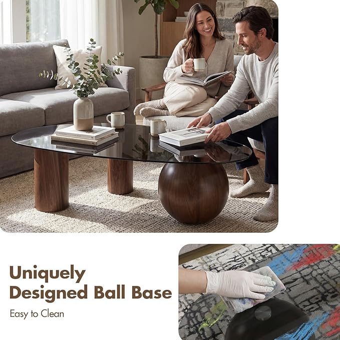 55" Black Glass Top Cloud Coffee Table, Modern Irregular Coffee Table with Walnut Finished Legs, Modern Indoor Accent Center Table for Living Room Bedroom