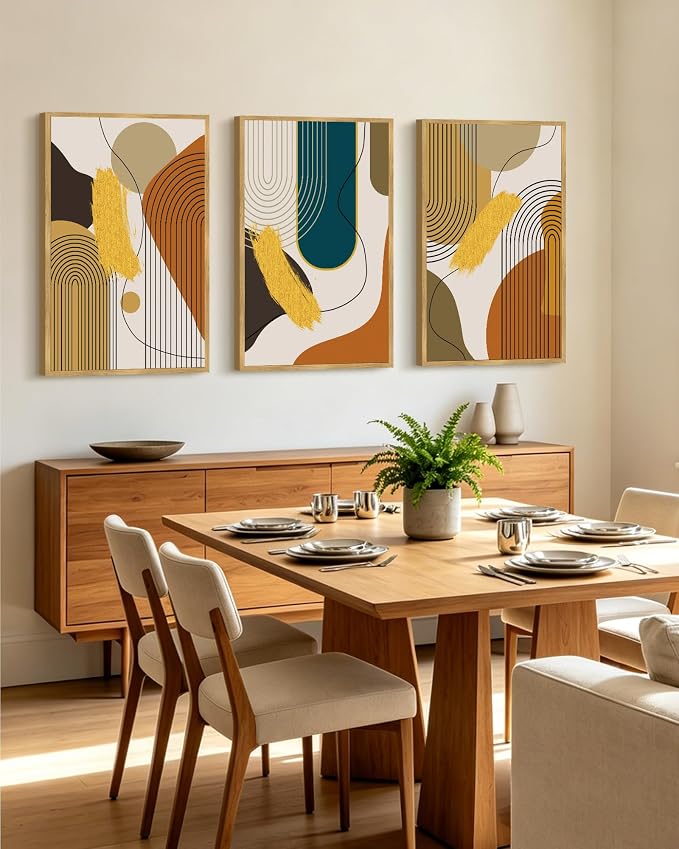 PHOPAGO 24x36in Large Boho Abstract Framed Wall Art Modern Minimalist Luxury Gold Line Artwork Kitchen Dining Room Decor Natural Framed