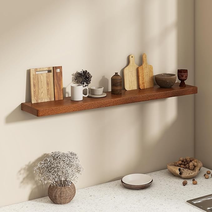 Fun Memories 48 Inch Floating Shelves, Rustic Solid Wood Wall Shelves Set of 1, 8 Inch Deep Floating Shelf for Bathroom, Bedroom, Heavy-Duty Wooden Shelf Wall-Mounted for Home Decor & Storage