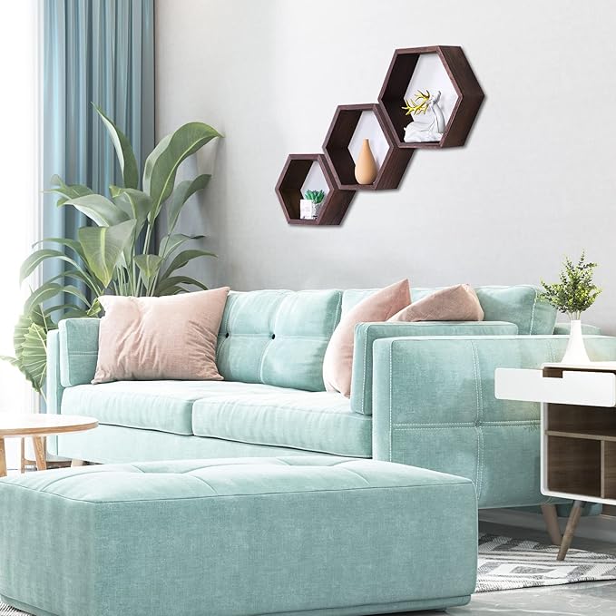 PHOENANCEE Hexagon Floating Shelves,Honeycomb Shelf Set of 3,Wood Farmhouse Hexagonal Decor Wall Storage for Living Room Bedroom Kitchen Office(Walnut)