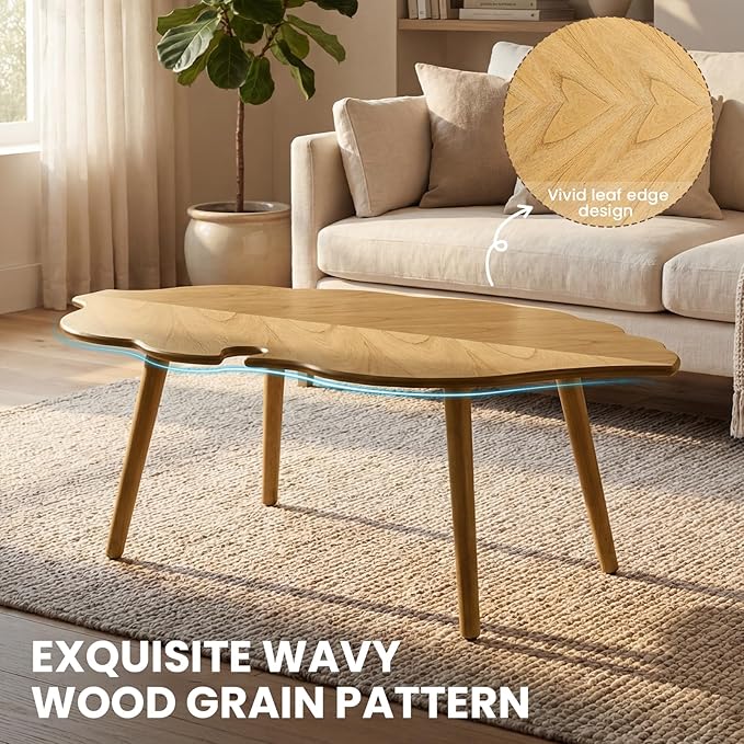 DUOMAY Mid-Century Modern Small Coffee Table, Solid Leaf-Shaped Wood Coffee Table for Living Room, Easy Assembly Center Table End Table with Wood Leg, Side Table for Bedroom Small Space, Natural