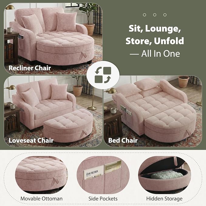 Round Chaise Lounge Chair with Storage Ottoman, Oversized Bubble Chair and a Half Featuring Adjustable Backrest, Plush Reading Accent Chair and Ottoman Set for Bedroom, Blush Pink